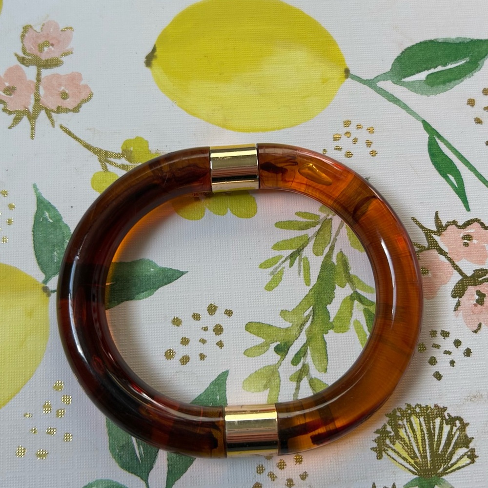 Amber Tortoise Resin Bangle Bracelet with Gold Accents